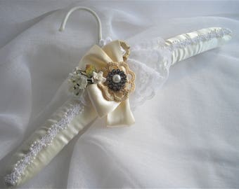Keepsake Bridal Gown Hanger Vintage Inspired One of a Kind Cream and White Satin Lace Rhinestones Ribbon Roses Crochet Handmade handcraftusa
