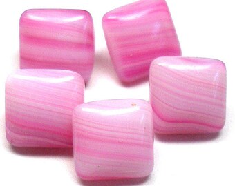 Czech Glass Buttons, 5 Pink Stripe Squares 3/8", 10mm.
