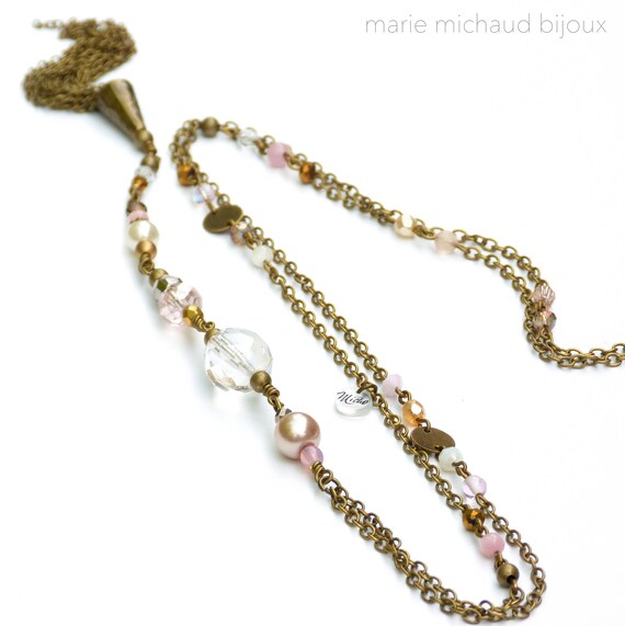 Long boho necklace,Nude tones necklace,Hippie chic necklace,Bride necklace,Boho wedding,Pastel jewelry,Bride jewelry,Gift for women