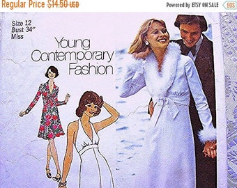 on SALE 25% Off 1970s Maxi Dress Pattern, Misses size 12 Bust 34 UNCUT Womens 70s Halter Dress Pattern with Jacket Sewing Pattern