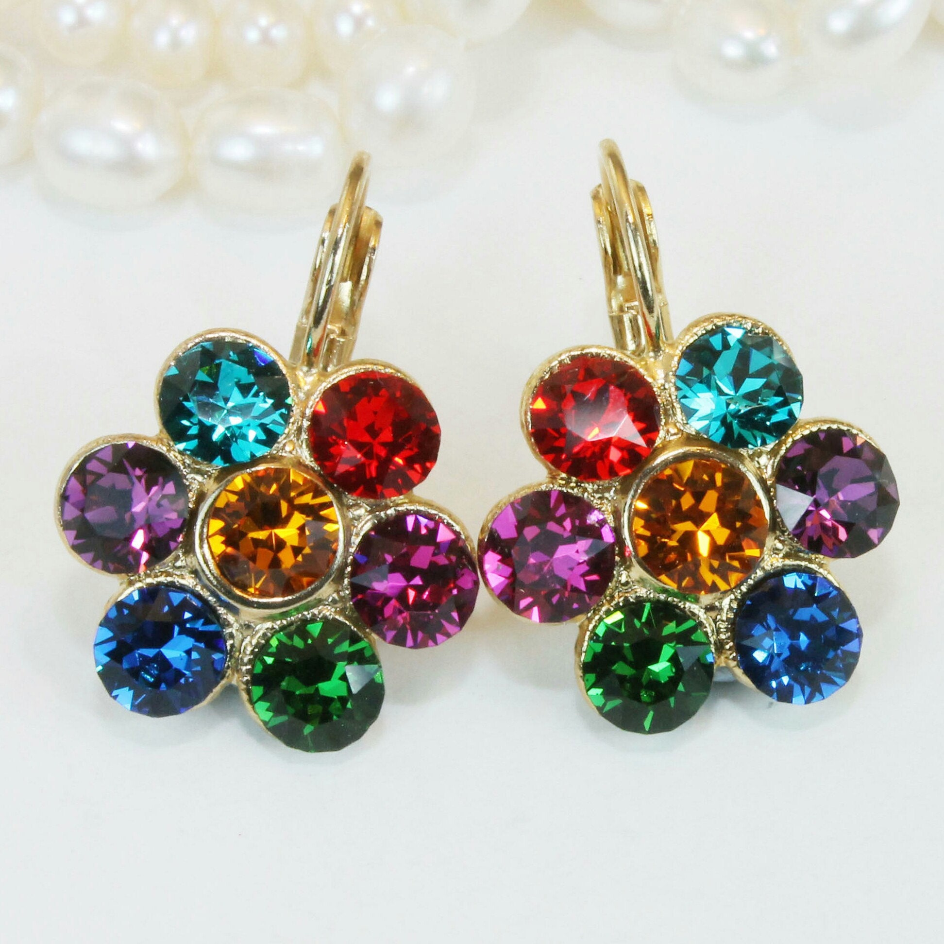 Multicolored Earrings Swarovski Crystal Rainbow Drop Dangle