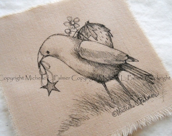 Michelle Palmer Fine Art Ink Illustration on Tea Stained Muslin Crow Bird Blackbird Star Strawberry Season Blossom Fruit June Feathered