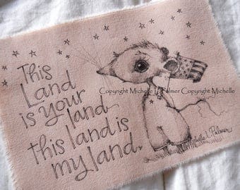 Michelle Palmer Fine Art Ink Illustration on Tea Stained Muslin LARGER SIZE Field Meadow Mouse Critter Little Boy America Patriotic Flag