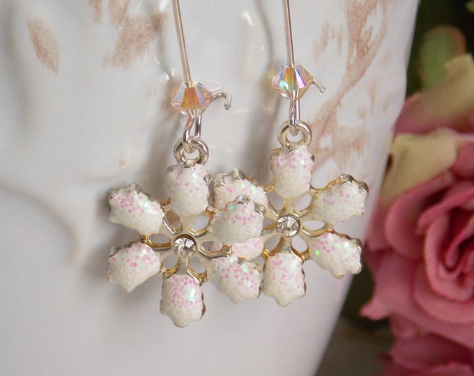 Snowflake Earrings, Holiday Jewelry, Christmas Earrings, Winter Jewelry, Glass Enamel Glitter Shimmer Earrings, Festive Jewelry