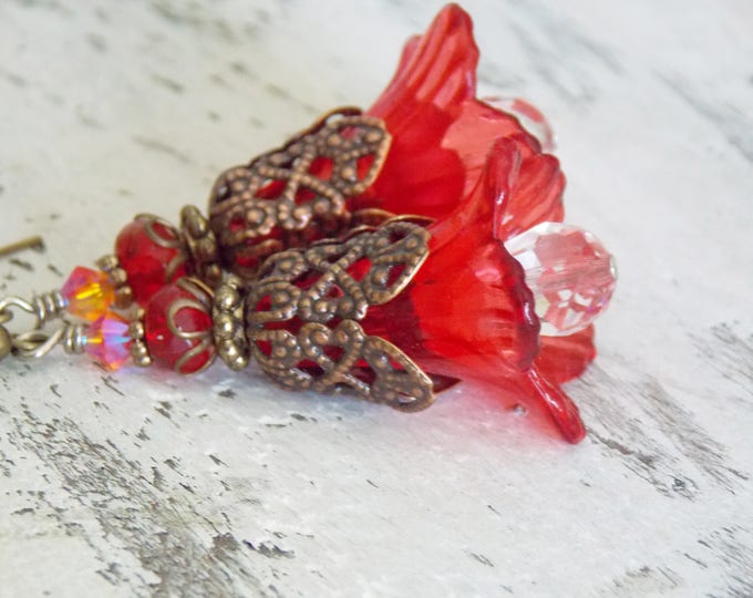 Dangle Flower Earrings Red Victorian Earrings Copper Brass Swarovski Crystal Fire Opal Mixed Earrings Holiday Jewelry Vintage Style Gift Dangle Flower Earrings Red Victorian Earrings Copper Brass Swarovski Crystal Fire Opal Mixed Earrings Holiday Jewelry Vintage Style Gift