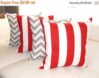 Premier Prints Zig Zag Gray and Vertical Stripe Rojo Red Outdoor Throw Pillows - Set of 4 - Free Shipping