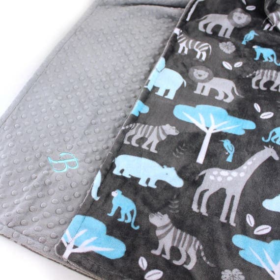 Toddler Blanket // 48 x 60 Minky Baby Blanket, Blue Gray Personalized Baby Blanket // Minky Throw Blanket // Zoo Animals Blanket
