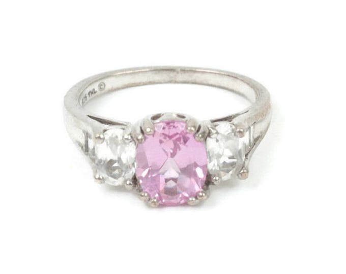 CZ Pink and Clear Stone Ring Gemstone Sterling Cocktail Dinner Ring Vintage Size 7
