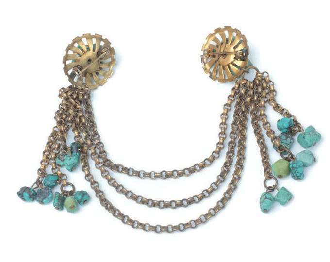 Turquoise Nugget Chatelaine Brooch Draped Swag Festoon Vintage