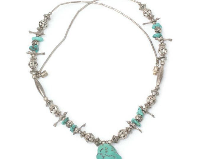 Native American Style Fetish Necklace Faux Turquoise Silver Tone Birds Vintage