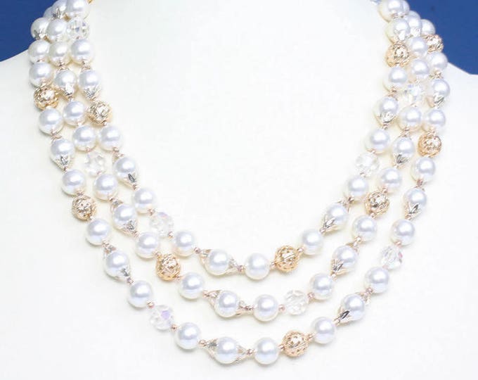 AB Crystal Bead Necklace Faux Pearls Japan Three Strands