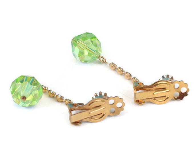 Green AB Crystal Dangle Earrings Clip Style Vintage