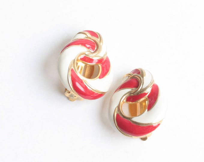 Red and White Enameled Earrings Clip Swirled Design Clip On Vintage