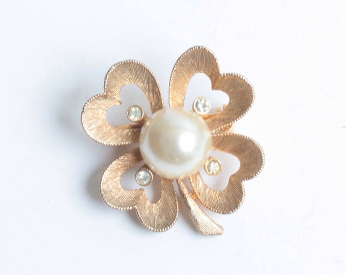 Four Leaf Clover Pin Faux Pearl Clear Rhinestones Signed JJ Gold Tone Smaller Vintage Pin