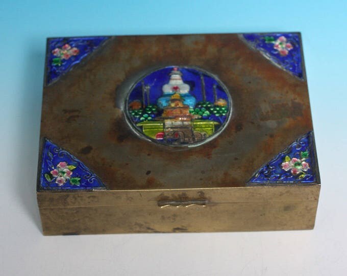 Chinese Cloisonne Enameled Brass Box Temple Cedar Wood Lining Humidor Vintage