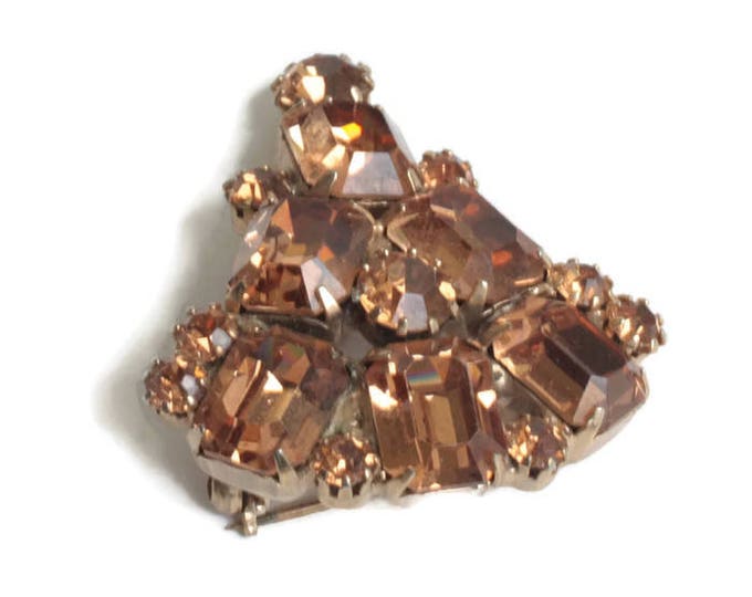 Golden Brown Topaz Rhinestone Brooch Fan Shaped Triangular Prong Set Stones Vintage