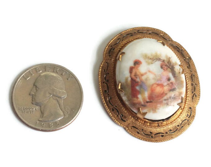 Romantic Courting Couple Porcelain Brooch Cameo Lovers Enameled Frame Vintage