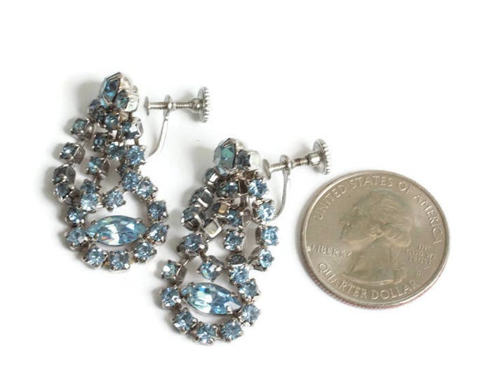 Blue Rhinestone Earrings Draped Dangle Screw Backs Vintage