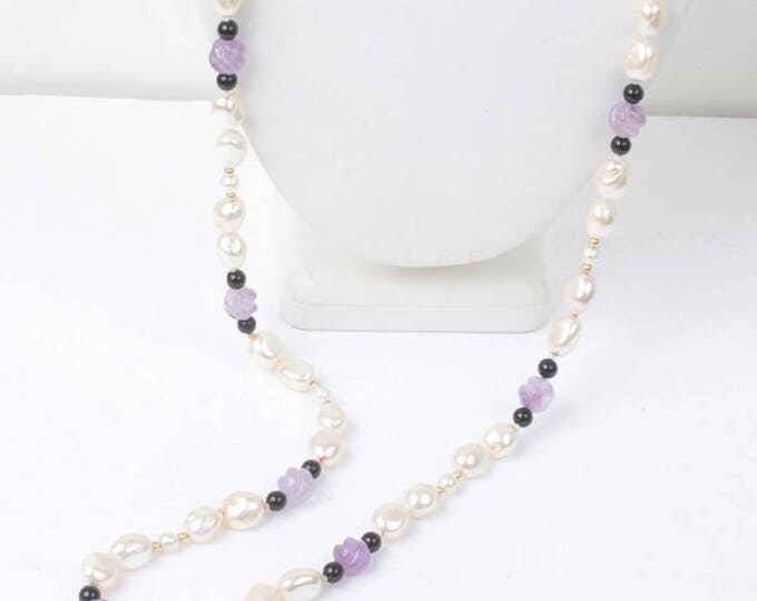 Faux Pearl and Lavender Glass Bead Necklace 40 Inch Rope Length Vintage