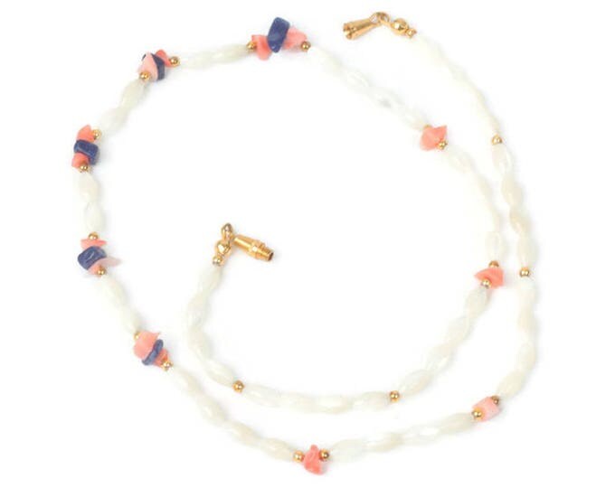 Mother of Pearl Rice Bead Necklace Coral Lapis Bead Accents Vintage