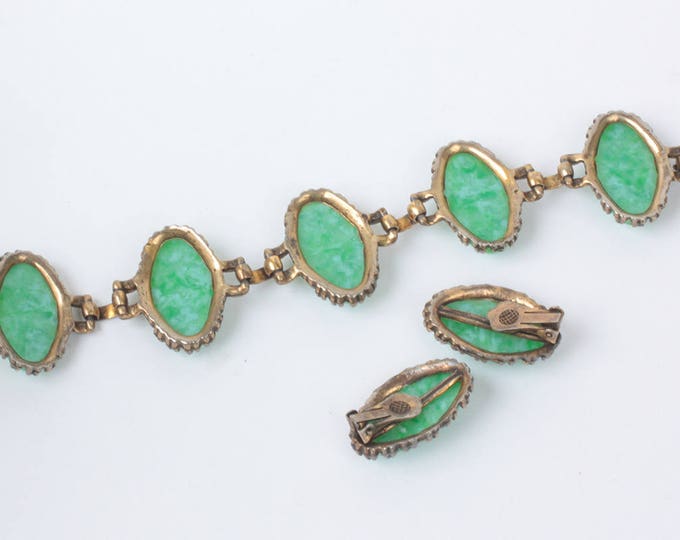 Green Peking Glass Bracelet Earrings Set Bold Chunky Boho Vintage