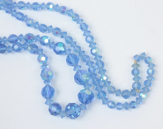 Blue AB Crystal Necklace Faceted Graduated Size Beads 30 Inches Long