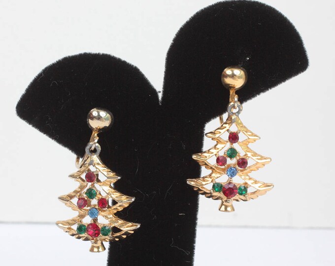 Christmas Tree Dangle Earrings Multi Color Rhinestones Clip On Gold Tone Vintage