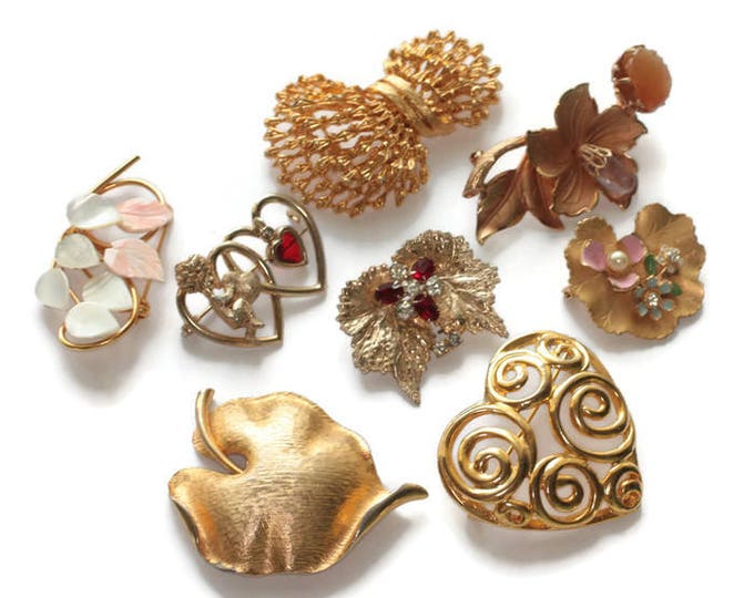 Eight Brooch Lot Gold Tone Hearts Corocraft Scitarelli MOP Floral Mid Century Jewelry