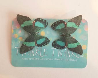 1 Pair Emerald City Black & Green Silk Butterfly Hairclips