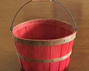 Peck Basket, Red Farm Basket with Green Bands, Sturdy Wire Handle with Wood Grip, Rustic Farmhouse, Apple Basket, Orchard Basket