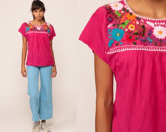 Pink Mexican Blouse Embroidered Top Hippie Boho Cotton Tunic BUTTERFLY Bohemian Floral Vintage Ethnic Smock Tent Shirt Medium