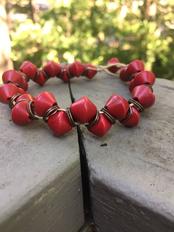 Items similar to Red bead hemp bracelet, beaded bracelet, beach