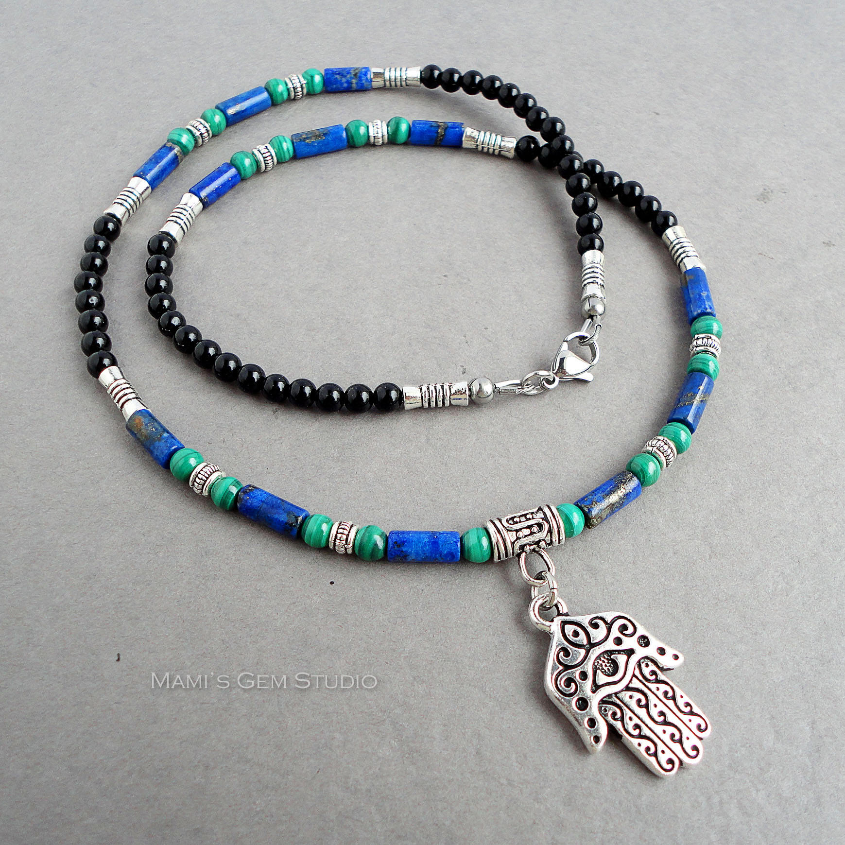 Mens Necklace Hamsa Amulet Charm Black Onyx Blue Lapis