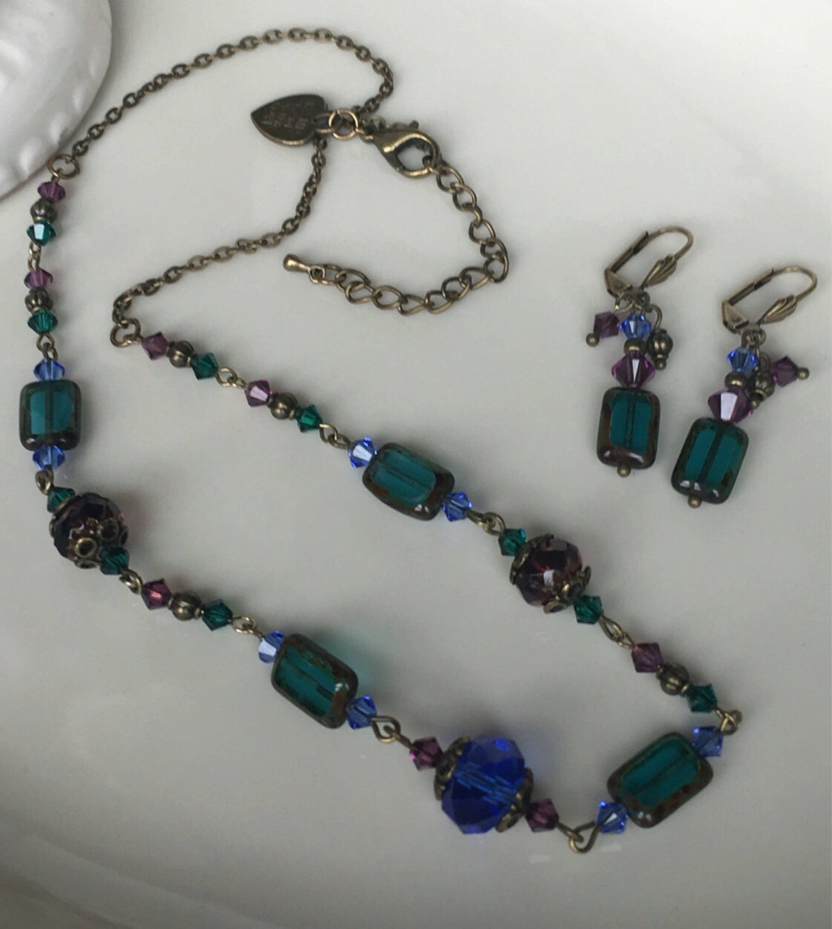 Royal Blue Green Purple Navy Necklace Earrings Set