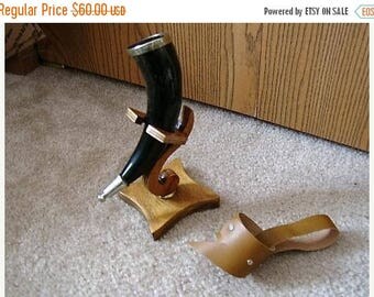 SALE Small Drinking Horn with Belt Holder and Stand