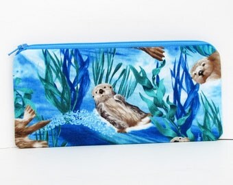 Sea Otter Pencil Pouch, Long Zipper Pouch, Blue Ocean Animals