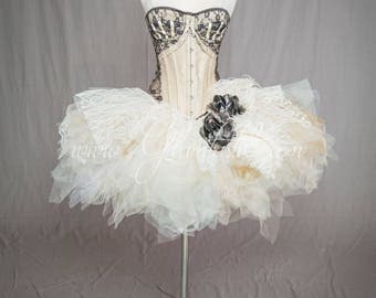 Custom Size black and ivory ostrich feather Marie Antoinette Burlesque steampunk corset dress with hair piece S-XL