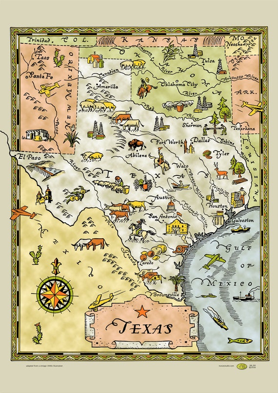 Texas ca. 1940 Illustrated Map Dallas Fort Worth Austin Lone