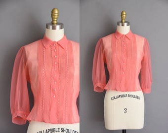 vintage 1950s blouse. bubble gum pink 50s chiffon blouse