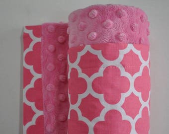 Baby Girl Blanket, XLARGE, Hot Pink Quatrefoil with Matching Pink Minky