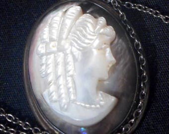 Sterling Silver HAND CARVED CAMEO SeT Made in Italy Necklace Ring Earrings 1940s