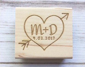Wedding Stamp Heart Arrow Initials and Date - Save the Date, Weddings, Anniversary, Rustic Rubber Stamp