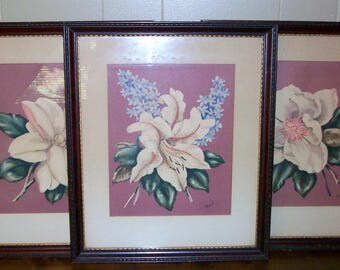 Set of 3 Vintage Framed Magnolia Prints by Rene Wall Decor Cottage Decor