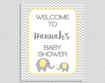 Elephant Baby Shower Welcome Sign, Personalized Baby Shower Welcome Sign, Yellow and Grey Chevron Elephant Shower, DIY PRINTABLE