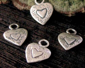 Small Sterling Silver Heart Charms - 2 Gingerbread Stamped Hearts AP56
