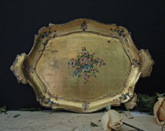 Vintage Wood Italian Florentine Tray / Antiqued Gold Gilt / Hand Painted Flowers / Italian Tole