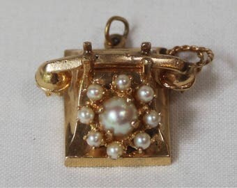 Vintage 14K Gold and Pearl Old Telephone Charm or Pendant.