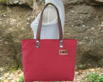 On Sale 20% off Red canvas tote bag, personalized shoulder bag, leather strap diaper bag, women's bag, unique travel bag