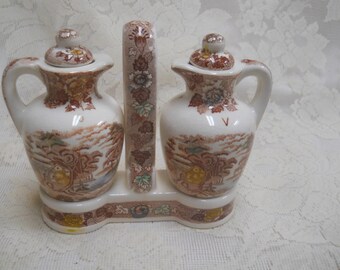 1940's NASCO Mountain Wood-Land Oil and Vinegar Lidded Set with Holder