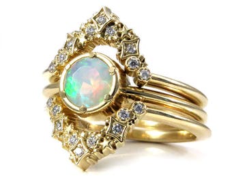 opal solitaire engagement ring with diamond stardust wedding bands constellation bohemian engagement ring set - Opal Wedding Ring Sets opal solitaire engagement ring with diamond stardust wedding bands constellation bohemian engagement ring set - Opal Wedding Ring Sets